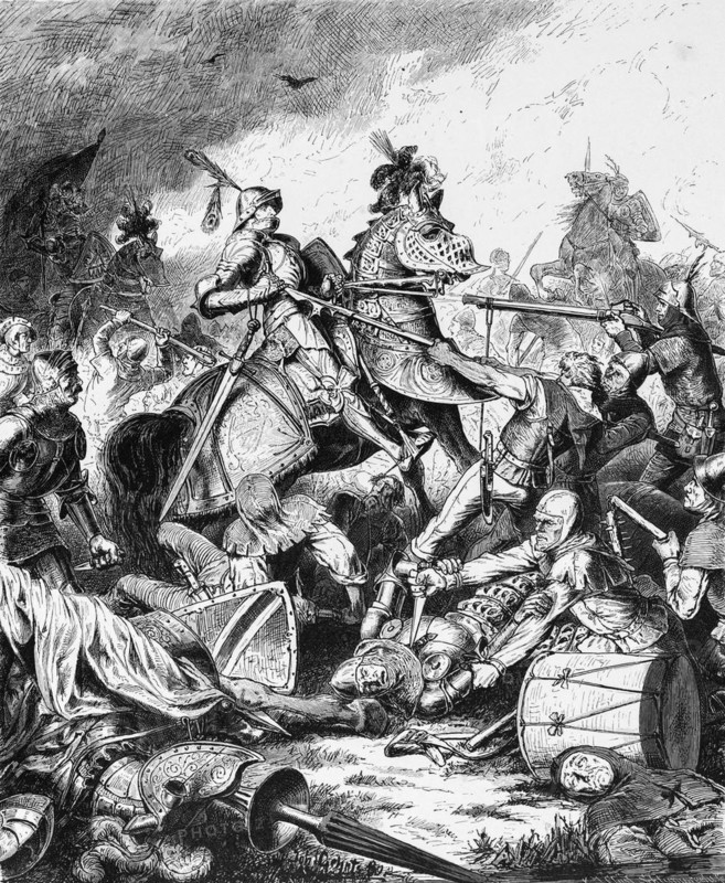 Battle of Hemmingstedt in 1500, Dithmarschen, 16th century, horseman, knight, armour, helmet, lances, drum, Dithmarschen peasants, murder, dead, wounded, Schleswig-Holstein, Germany, historical illustration 1880, Europe