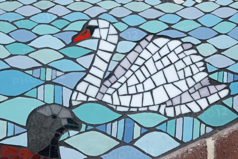 Wall mosaic with mute swan by Isidora Paz Lopez 2019, one, two, white, water, swimming, swan figure, bird figures, handicrafts, tiles, Lopez, rock staircase, bird staircase, Pirmasens, Palatinate Forest, Rhineland-Palatinate, Germany, Europe