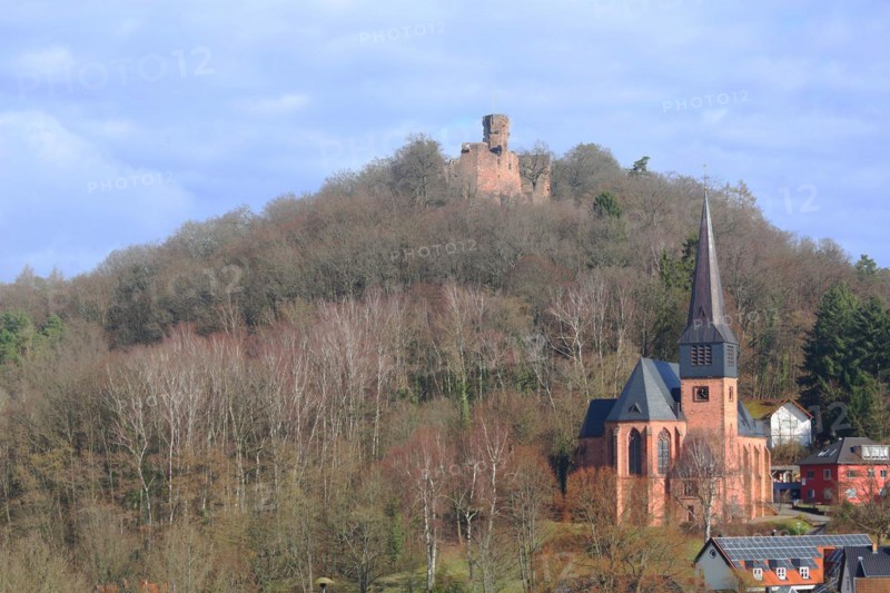 Hohenecken Castle and St Rochus Church, forest, mountain, landscape, Hohenecken, Kaiserslautern, Rhineland-Palatinate, Germany, Europe