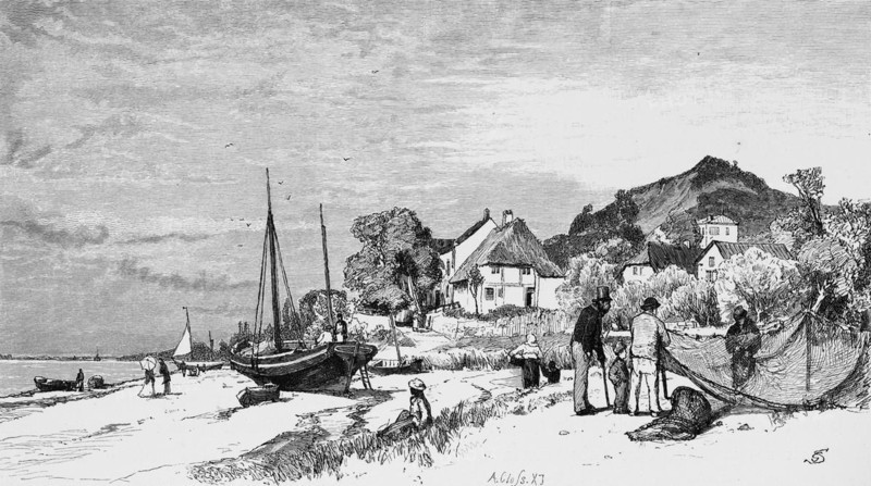 Elbe beach in Blankenese, shore, fishermen, nets, mend, thatched house, hill, idyll, Free and Hanseatic City of Hamburg, Germany, historical illustration 1880, Europe