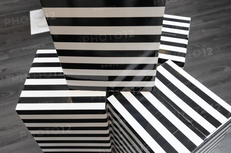 Europa Passage, Ballindamm, Decorative boxes with black and white stripes in different sizes, Hamburg, Hanseatic City of Hamburg, Germany, Europe