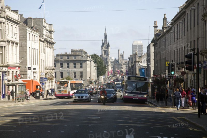 Shops traffic people, Union Street, Aberdeen, Scotland, United Kingdom, Europe
