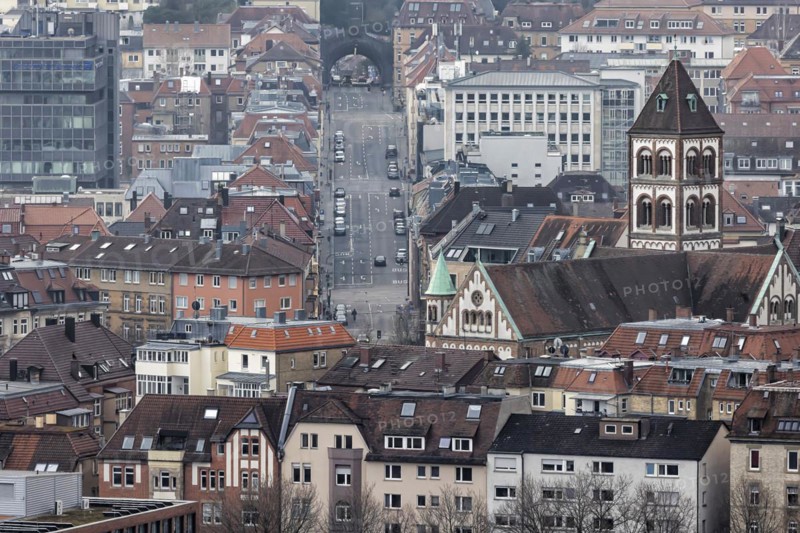 City view with St Elisabeth's Catholic Church, Schwabstrasse and Schwabtunnel, dense development and rooftops in the West district, Stuttgart, Baden-Wuerttemberg, Germany, Europe
