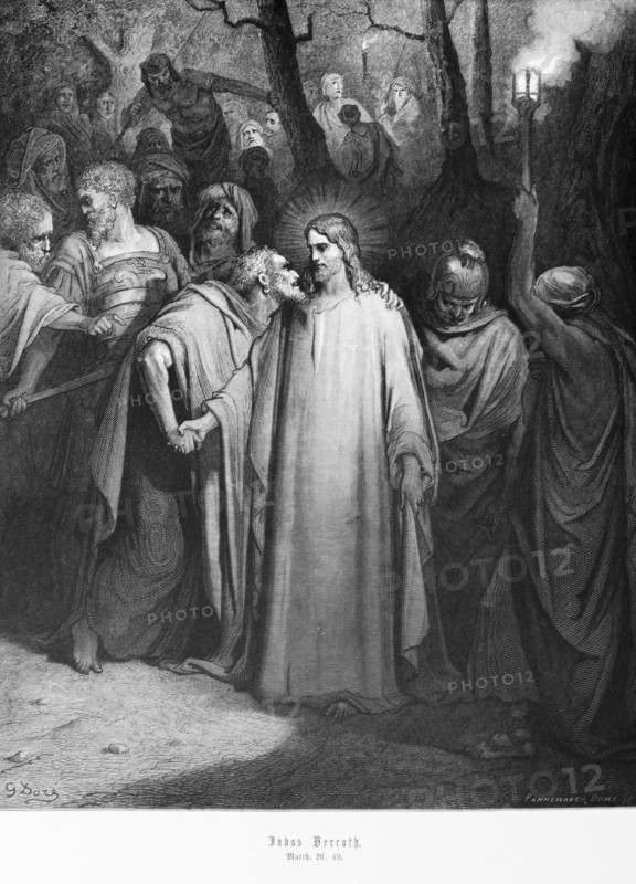 Judas betraying Jesus, Gospel of Matthew, chapter 26, halo, traitor, disciple, sticks, torch, kiss, New Testament, Bible, historical illustration 1886