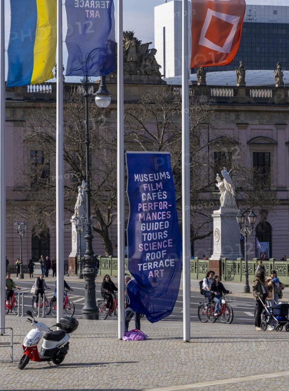 Flagpoles in front of the entrance to the Humboldt Forum, Berlin, Germany, Europe