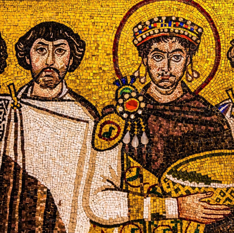 Parade of Justitian, mosaic copy, Basilica of San Vitale, Ravenna, 6th century, mosaic school producing mosaic masters, Spilimbergo, city of mosaic art, Friuli, Italy, Spilimbergo, Friuli, Italy, Europe