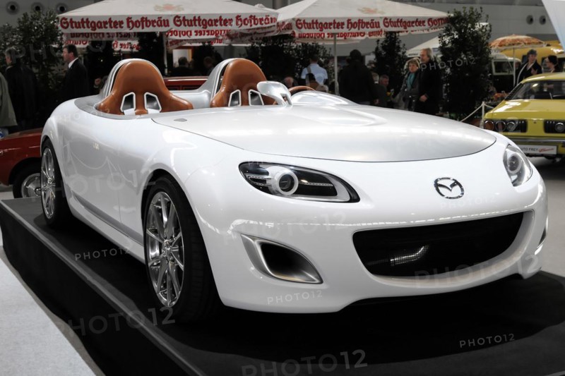 RETRO CLASSICS 2010, Stuttgart Messe, A white Mazda convertible sports car model presented at a motor show, Stuttgart Messe, Stuttgart, Baden-Wuerttemberg, Germany, Europe