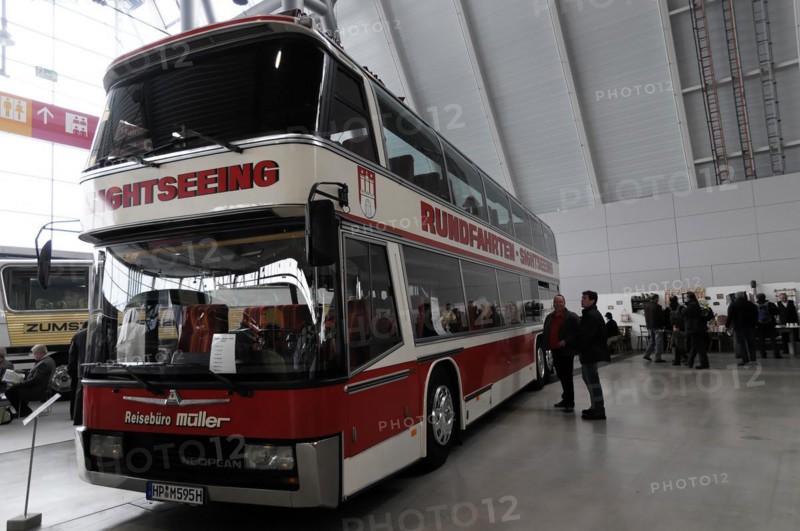 RETRO CLASSICS 2010, Stuttgart Trade Fair Centre, A red double-decker bus for city tours with the inscription 'Sightseeing', Stuttgart Trade Fair Centre, Stuttgart, Baden-Wuerttemberg, Germany, Europe