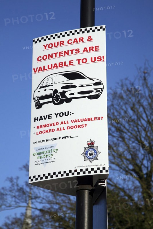 Police sign warning of theft from cars, Suffolk, England, UK