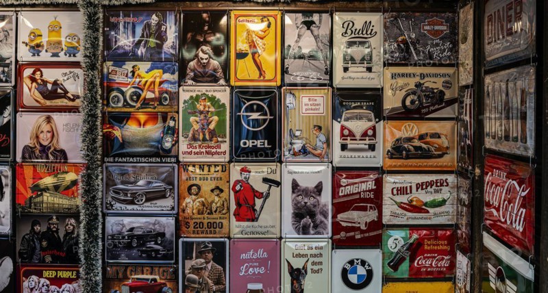 Vintage, nostalgic metal advertising signs, Berlin, Germany, Europe