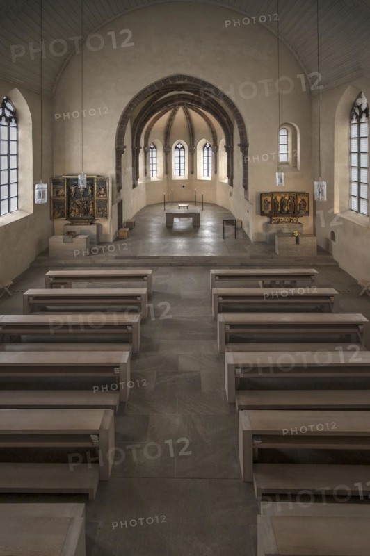 View from the gallery into the chancel of St Clare's Church, consecrated in 1273, Koenigstrasse 66, Nuremberg, Middle Franconia, Bavaria, Germany, Europe