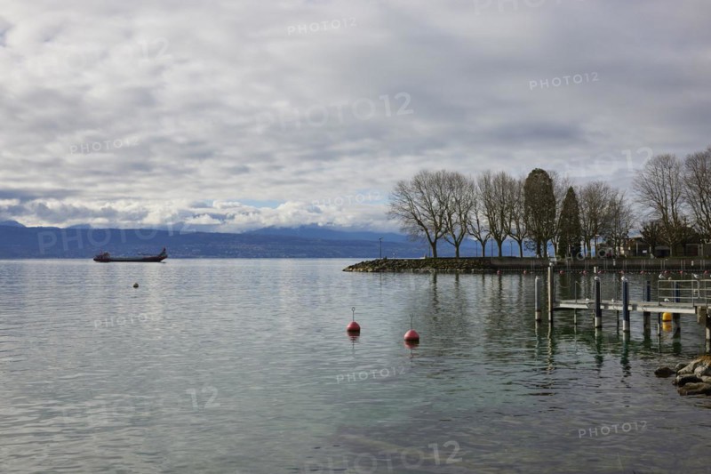 View of Lake Geneva with cargo ship from the Ouchy neighbourhood, Lausanne, Lausanne district, Vaud, Switzerland, Europe
