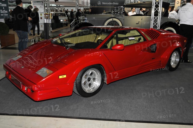 RETRO CLASSICS 2010, Stuttgart Messe, Red sports car, Lamborghini, with flat design and eye-catching wings in an exhibition, Stuttgart Messe, Stuttgart, Baden-Wuerttemberg, Germany, Europe