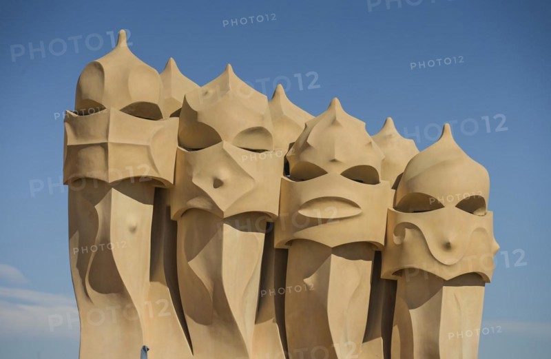 Roof with chimneys, La Pedrera, Casa Mila by Antoni Gaudi, Barcelona, Catalonia, Spain, Europe