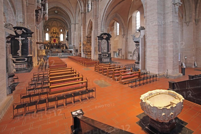 Interior view with baptismal font from UNESCO St Peter's Cathedral, empty pews, altar, Trier, Rhineland-Palatinate, Germany, Europe
