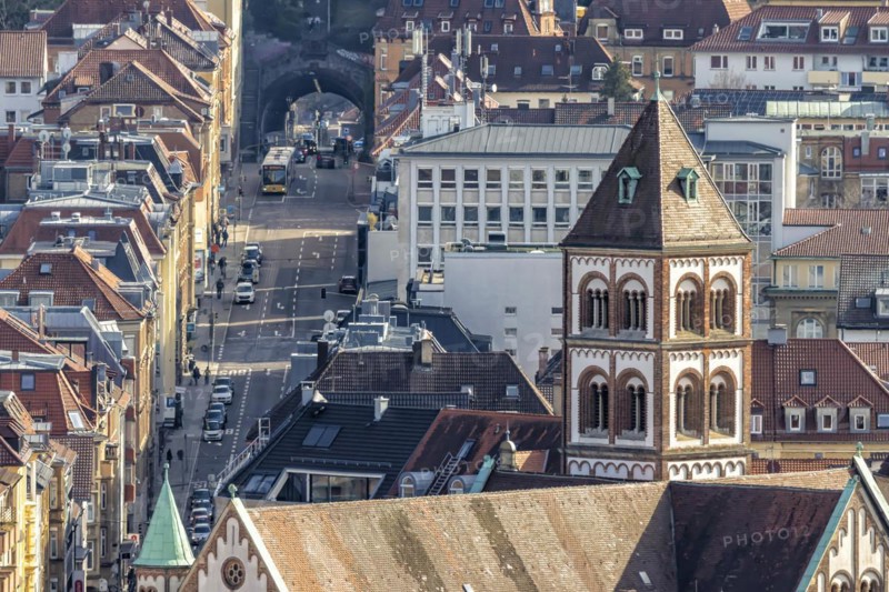 City view with St Elisabeth's Catholic Church, Schwabstrasse and Schwabtunnel, dense development and rooftops in the West district, Stuttgart, Baden-Wuerttemberg, Germany, Europe