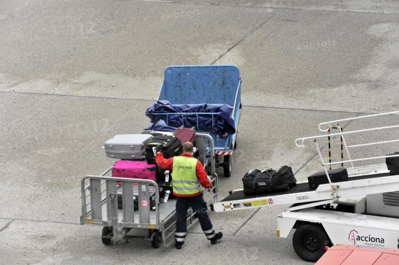 Airport employee operating a luggage trolley on the tarmac, Hamburg, Hanseatic City of Hamburg, Germany, Europe