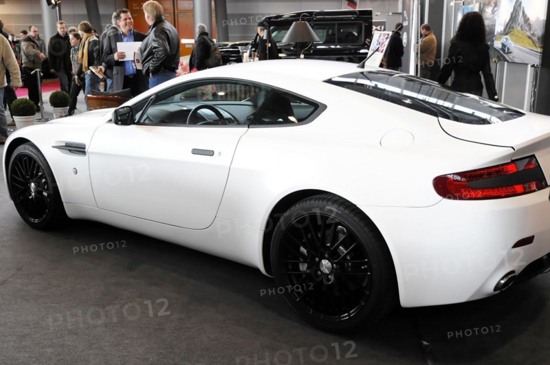 RETRO CLASSICS 2010, Stuttgart Messe, Side view of a white Aston Martin sports car at a trade fair, Stuttgart Messe, Stuttgart, Baden-Wuerttemberg, Germany, Europe