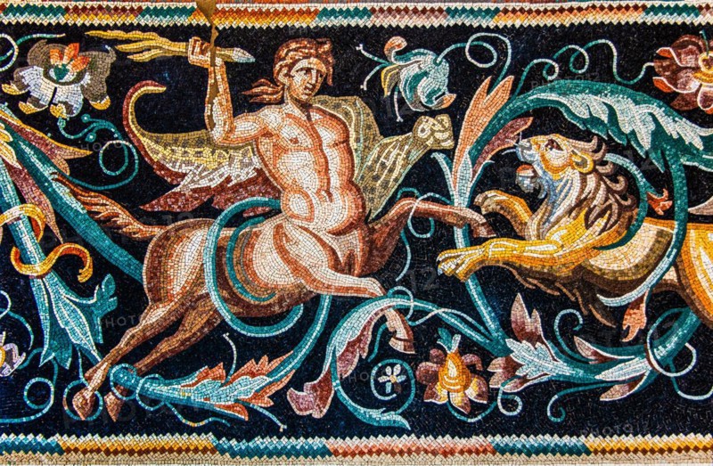 Centaur against Loewe, mosaic copy, Indian Triumph of Dionios, Algeria, 3rd century, mosaic school producing mosaic masters, Spilimbergo, city of mosaic art, Friuli, Italy, Spilimbergo, Friuli, Italy, Africa