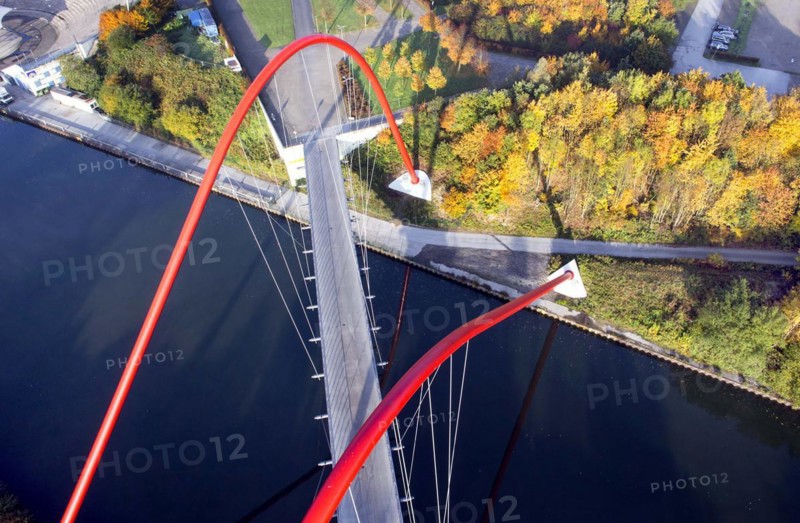Aerial view of the double arch bridge, 28 October 2015. The Nordsternpark double arch bridge is a foot and cycle path bridge over the Rhine-Herne Canal in Nordsternpark, 28 October 2015