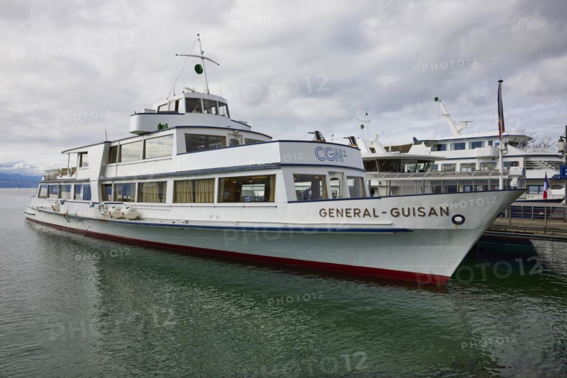 Excursion boat General Guisan in Ouchy harbour in the Ouchy district, Lausanne, district of Lausanne, Vaud, Switzerland, Europe
