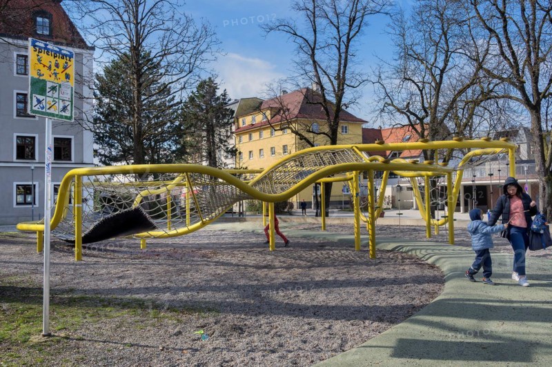 Steel scaffolding with net, children's playground, Kempten, Allgaeu, Bavaria, Germany, Europe