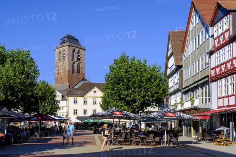 Pedestrian zone with restaurant and street cafe, Linggplatz, bell tower of the Gothic town church, Old Town, Bad Hersfeld, Hesse, Germany, Europe
