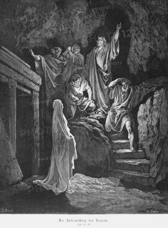 The resurrection of Lazarus, Gospel of John, chapter 11, light, shroud, sweat cloth, death, deceased, resurrection, darkness, chamber, New Testament, Bible, historical illustration 1886