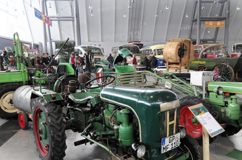 RETRO CLASSICS 2010, Stuttgart Messe, Collection of classic green tractors in an exhibition hall, Stuttgart Messe, Stuttgart, Baden-Wuerttemberg, Germany, Europe