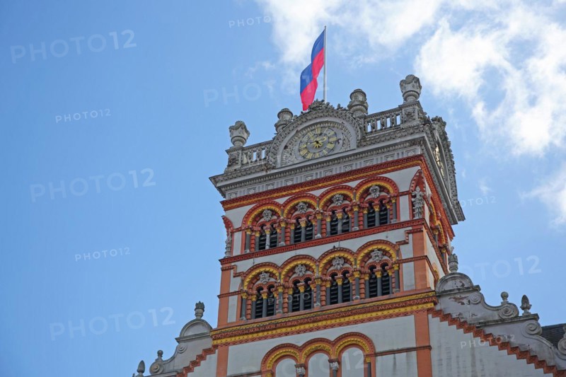 Tower with decorations and flag of St Matthias Church, Benedictine Abbey, Trier, Rhineland-Palatinate, Germany, Europe