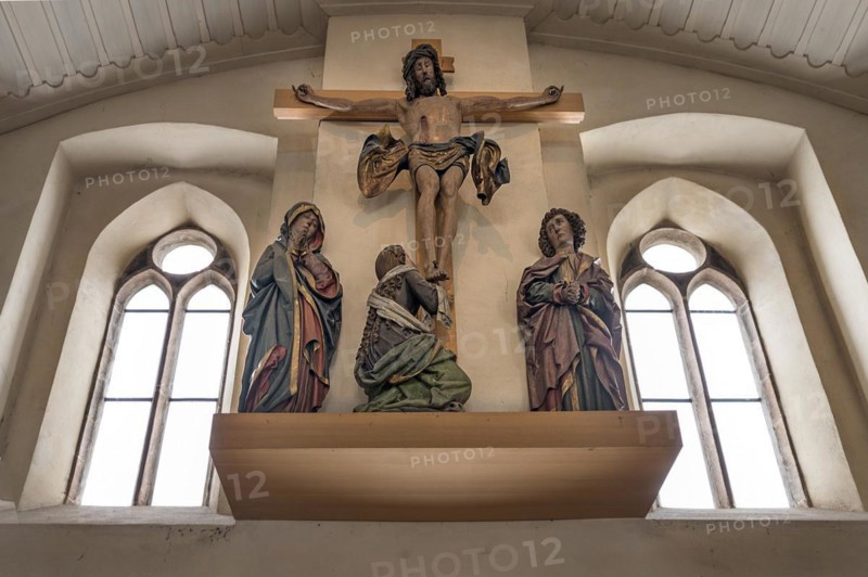 Placed on the west wall is the monumental crucifixion group from around 1510 by the carver Veit Wirsberger, St Clare's Church, Koenigstrasse 66, Nuremberg, Middle Franconia, Bavaria, Germany, Europe