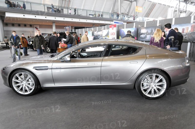 RETRO CLASSICS 2010, Stuttgart Trade Fair Centre, Silver Aston Martin, modern sports car exhibited to the public, Stuttgart Trade Fair Centre, Stuttgart, Baden-Wuerttemberg, Germany, Europe