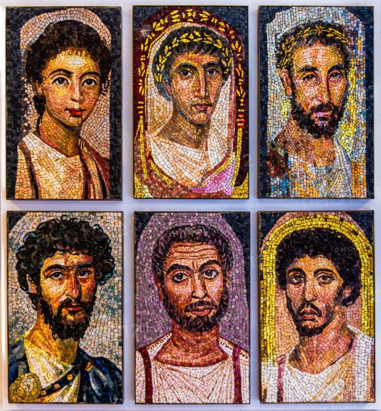 Graeberportraets, Homage to the faces of Fayum, Egypt, 3rd century, Mosaic school producing mosaic masters, Spilimbergo, city of mosaic art, Friuli, Italy, Spilimbergo, Friuli, Italy, Europe