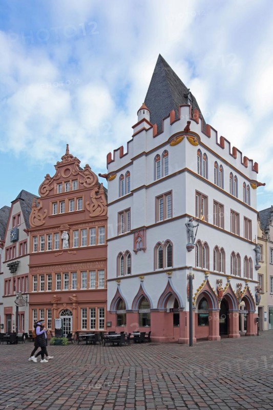 Red House with Tail Gable and Steipe House built in 1430 with arcade and battlements, Hauptmarkt, Trier, Rhineland-Palatinate, Germany, Europe