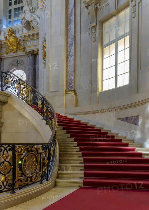Interior view, historic staircase and window in the foyer, Bode Museum, Berlin, Germany, Europe