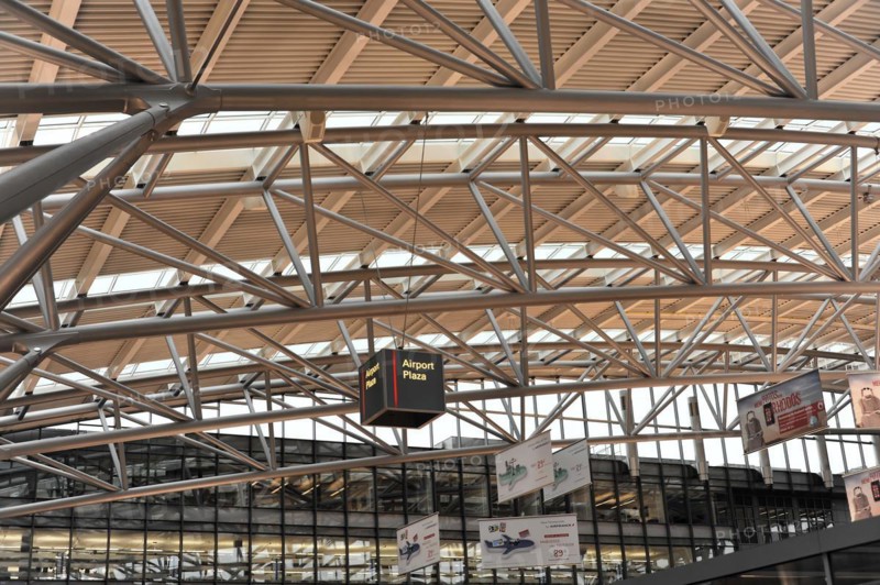 Modern architecture in the interior of an airport with a wayfinding system on the ceiling, Hamburg, Hanseatic City of Hamburg, Germany, Europe