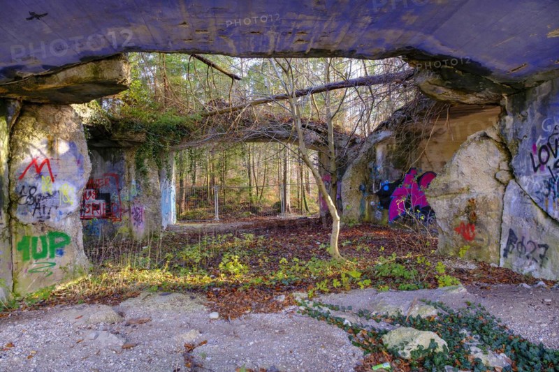 Colourfully painted ruins of a production bunker of the former explosives factory from the Third Reich, Geretsried, Upper Bavaria, Bavaria, Germany, Europe