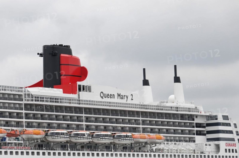 Close-up of a cruise ship smokestack Queen Mary 2, with orange lifeboats, Hamburg, Hanseatic City of Hamburg, Germany, Europe