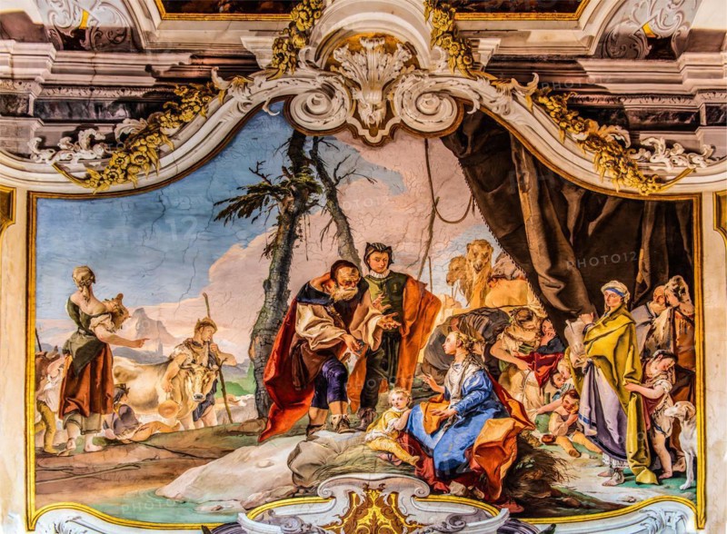Rachel hides the Hausgoetter, Galleria with G. B. Tiepolo's fresco cycle, Palazzo Patriarcale, Dioezesan Museum with the Tiepolo Galleries, 16th century, Udine, most important historical city of Friuli, Italy, Udine, Friuli, Italy, Europe