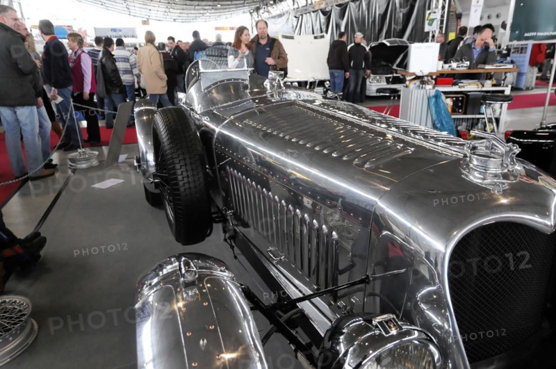 RETRO CLASSICS 2010, Stuttgart Messe, Stuttgart, Baden-Wuerttemberg, Germany, Europe, SIDDELEY 5500 Streamline, built in 1936, silver historic racing car with side exhaust pipes at a motor show, Europe