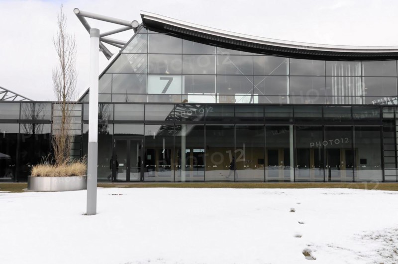 RETRO CLASSICS 2010, Stuttgart Messe, Modern building with glass front and visible steel girders on a snowy day, Stuttgart Messe, Stuttgart, Baden-Wuerttemberg, Germany, Europe