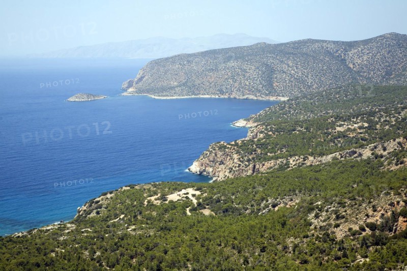 Coastal view over pine forest Kastrou Monolithos, Rhodes, Greece, Europe