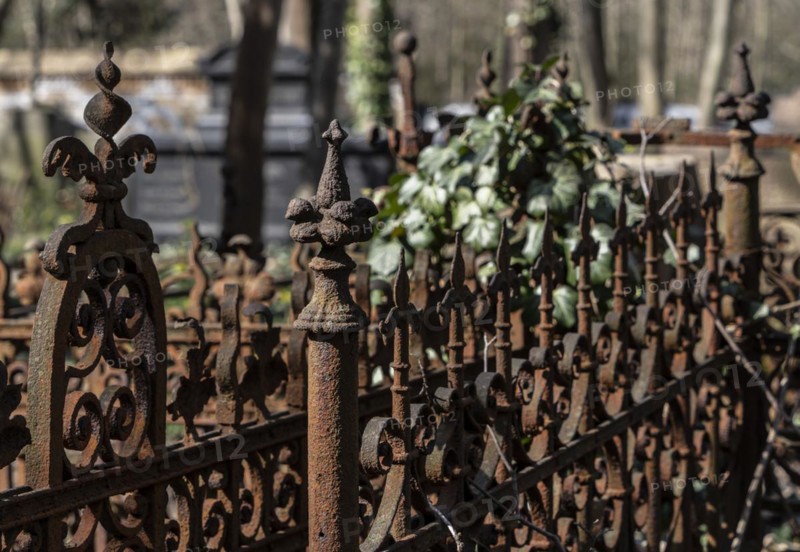 Rusty grave fences, Kirchof 1 of the Evangelische Georgen-Parochialgemeinde, Greisfswalder Strasse, Berlin, Germany, Europe