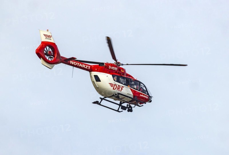 Rescue helicopter in flight, DRF Flugrettung. Airbus Helicopters H145, Mannheim, Baden-Wuerttemberg, Germany, Europe