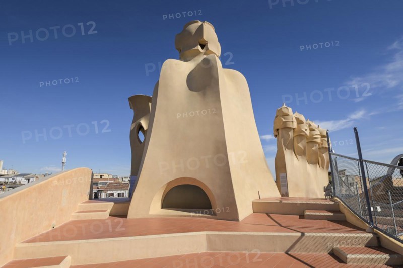 Roof with chimneys, La Pedrera, Casa Mila by Antoni Gaudi, Barcelona, Catalonia, Spain, Europe