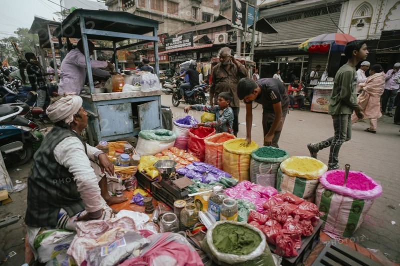 Vendor sells Holi celebration items in a street market, ahead of Holi festival on March 23, 2024 in Guwahati, Assam, India. Holi is the Hindu festival of colours, it is celebrated with great joy in India