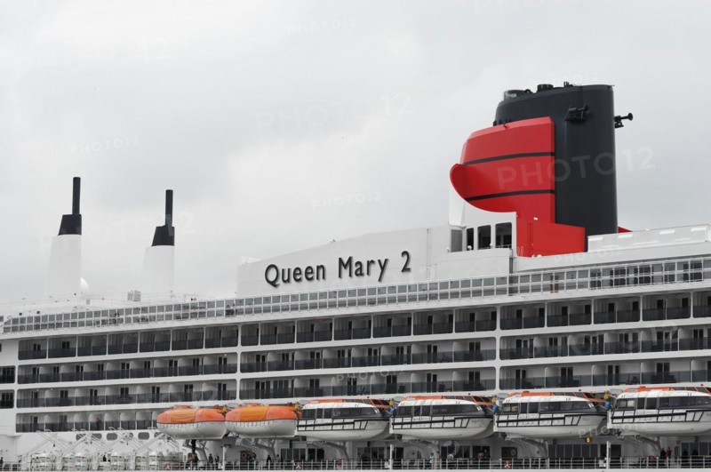 View of the upper decks of a cruise ship, Queen Mary 2, with funnels and lifeboats, Hamburg, Hanseatic City of Hamburg, Germany, Europe