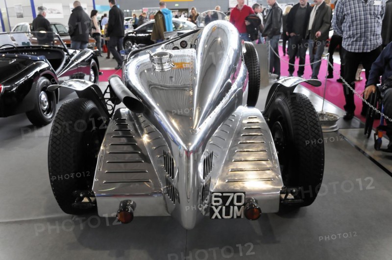 RETRO CLASSICS 2010, Stuttgart Messe, Stuttgart, Baden-Wuerttemberg, Germany, Europe, SIDDELEY 5500 Streamline, built in 1936 Rear view of a silver classic car with polished metal bodywork and chrome accents, Europe