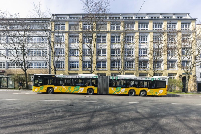 Bus stop for SSB AG buses, with advertisement Oekomobil, the buses run on synthetic fuel, Ostendstrasse Stuttgart, Baden-Wuerttemberg, Germany, Europe
