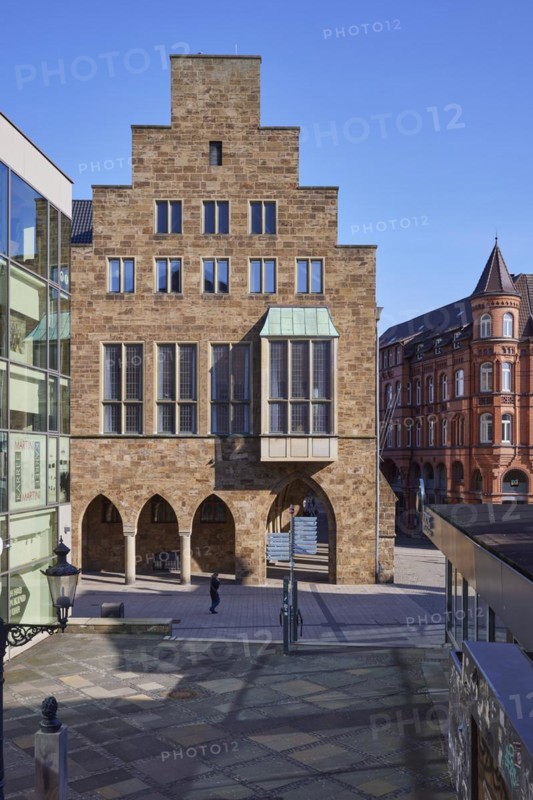 Old town hall and commercial building in the city centre of Minden, Muehlenkreis Minden-Luebbecke, North Rhine-Westphalia, Germany, Europe